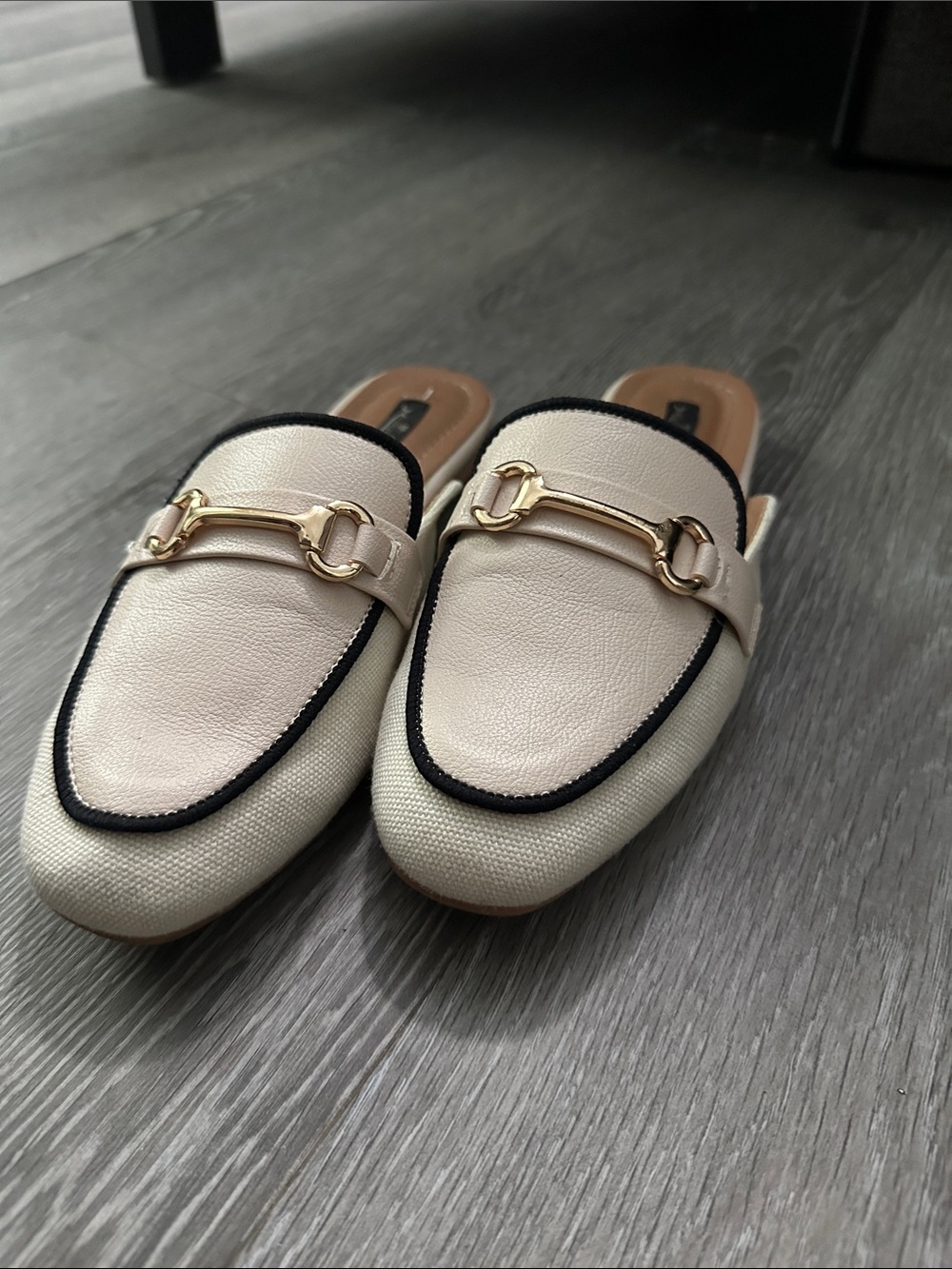 Cream Slip-On Women’s Loafers with Gold Bit Detail